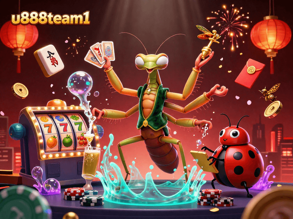 Watch the thrilling u888team1 action as a giant praying mantis deals cards in this vibrant casino scene.