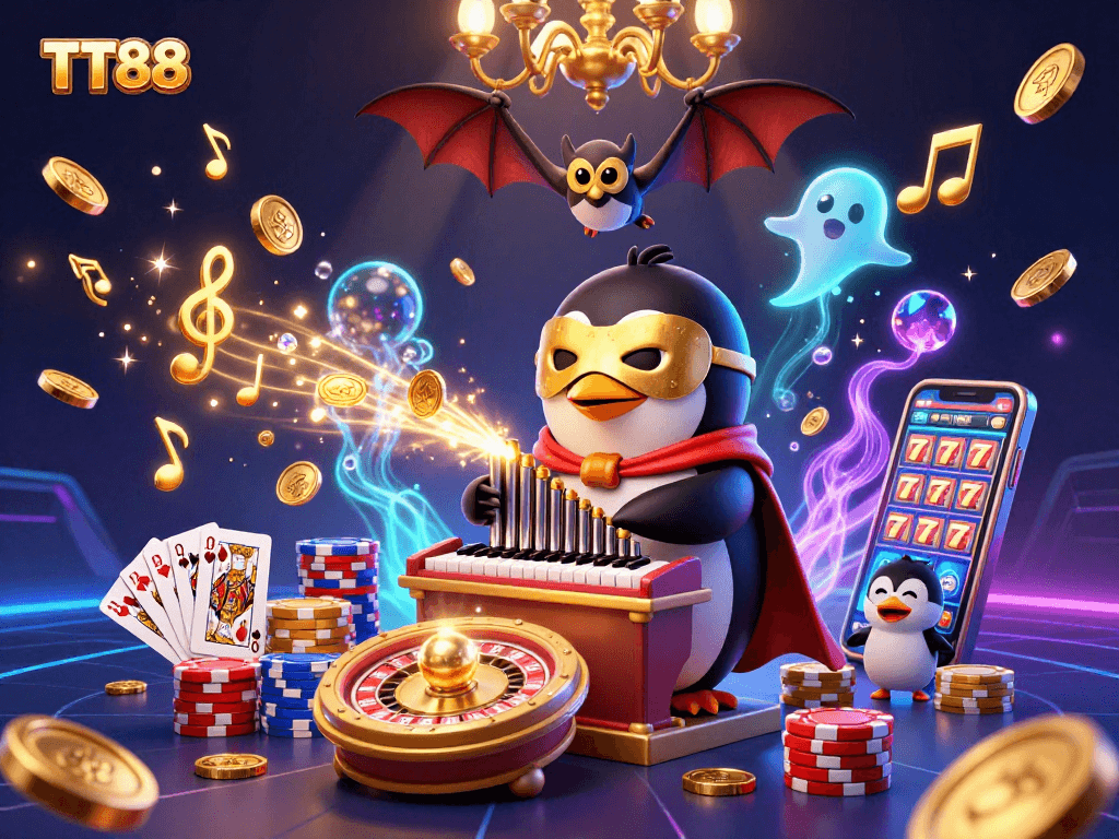 Experience the excitement of TT88 with a vibrant, dynamic 3D casino illustration featuring captivating gaming elements.