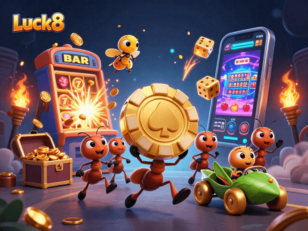 Luck8 showcases an adventurous team of ants stealing a giant poker chip in a vibrant casino scene.