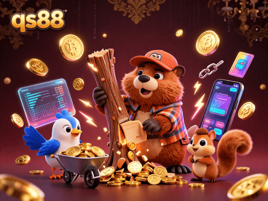 Engage in thrilling gameplay at qs88, featuring a whimsical scene of mascots enjoying gaming fun!