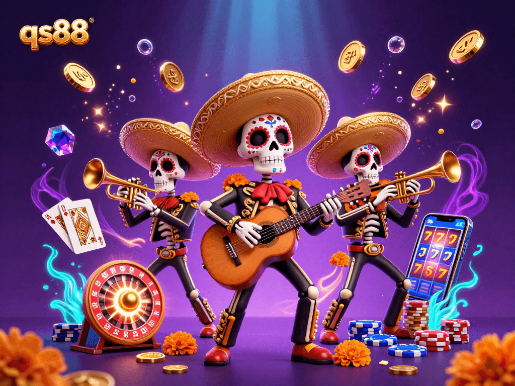 Experience thrilling gameplay at qs88 with vibrant scenes of mariachi band, golden coins, and sparkling gems.