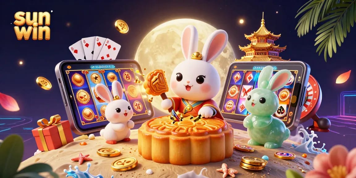 Experience the thrill of sun win with a 3D moon rabbit illustrating poker chips and slot games in a vibrant casino scene.