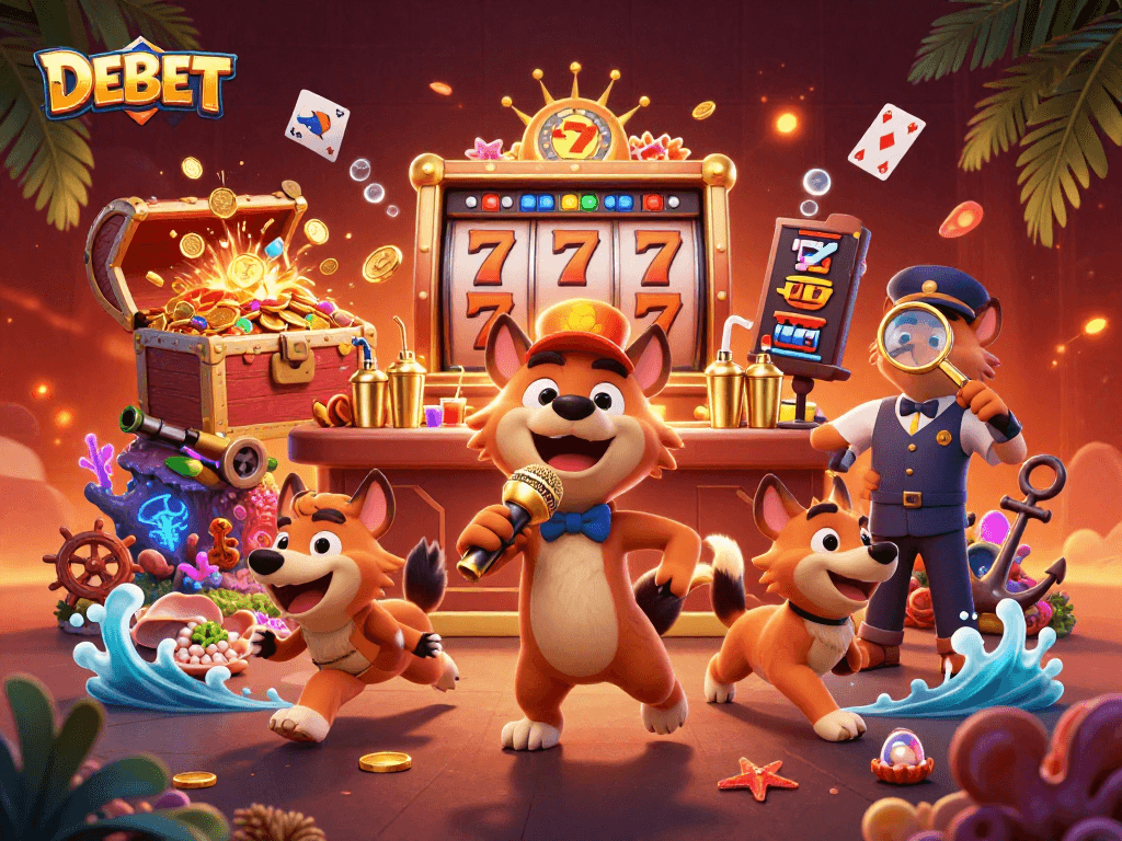 Experience DEBET in action at a vibrant casino scene with hyenas, slots, and shimmering treasures.