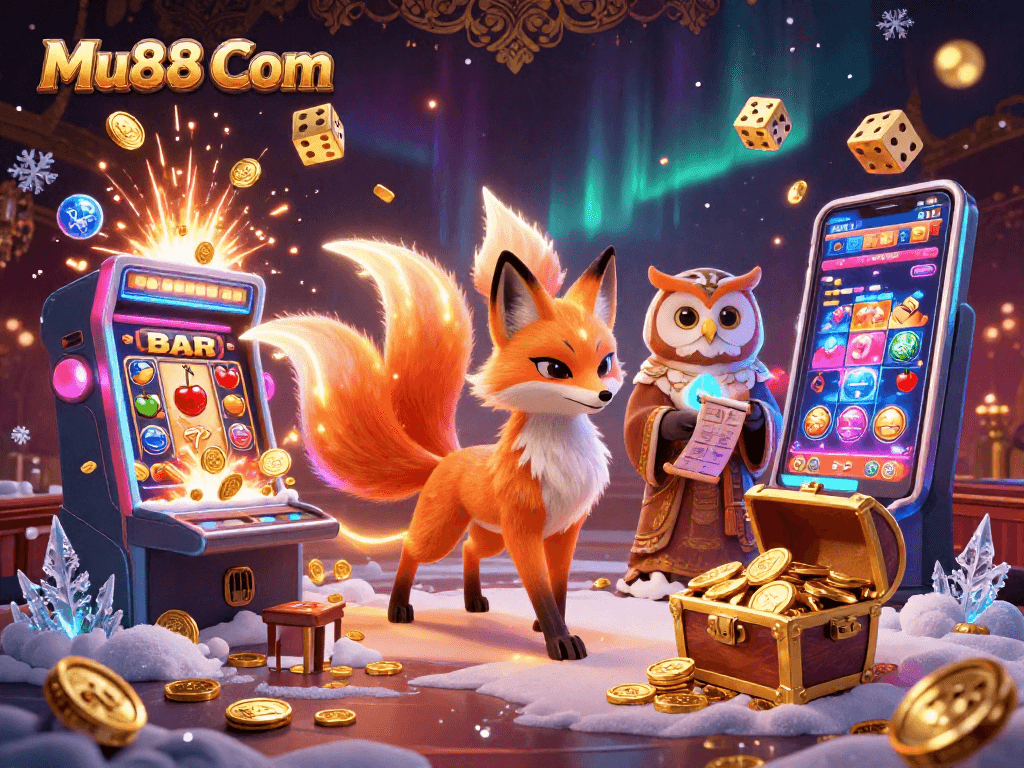 Experience Mu88 Com's captivating casino realm with a colorful nine-tailed fox and owl sage amidst dynamic slot elements.