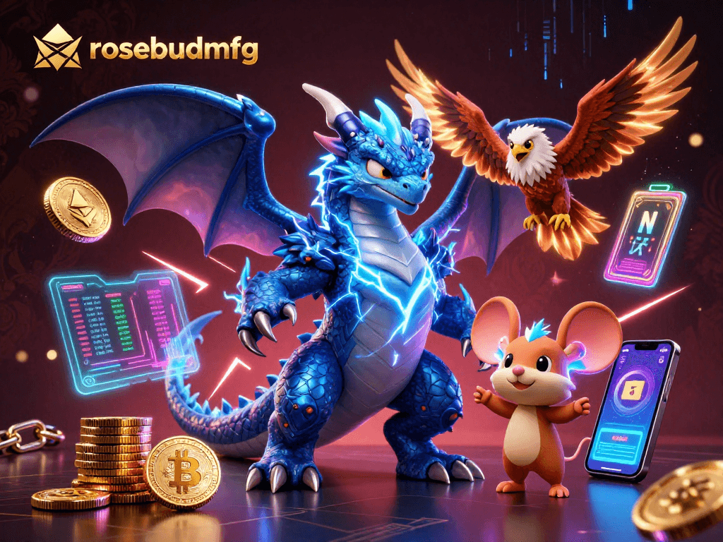 Engage with rosebudmfg as you witness a thunder dragon and crypto elements in a dynamic casino scene.