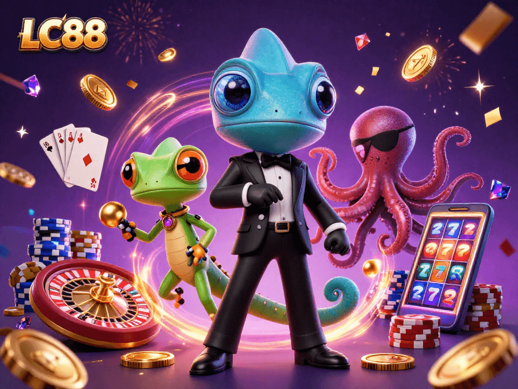 LC88 online casino scene featuring an agent chameleon, tech-gecko, and octopus amidst lively gaming elements.