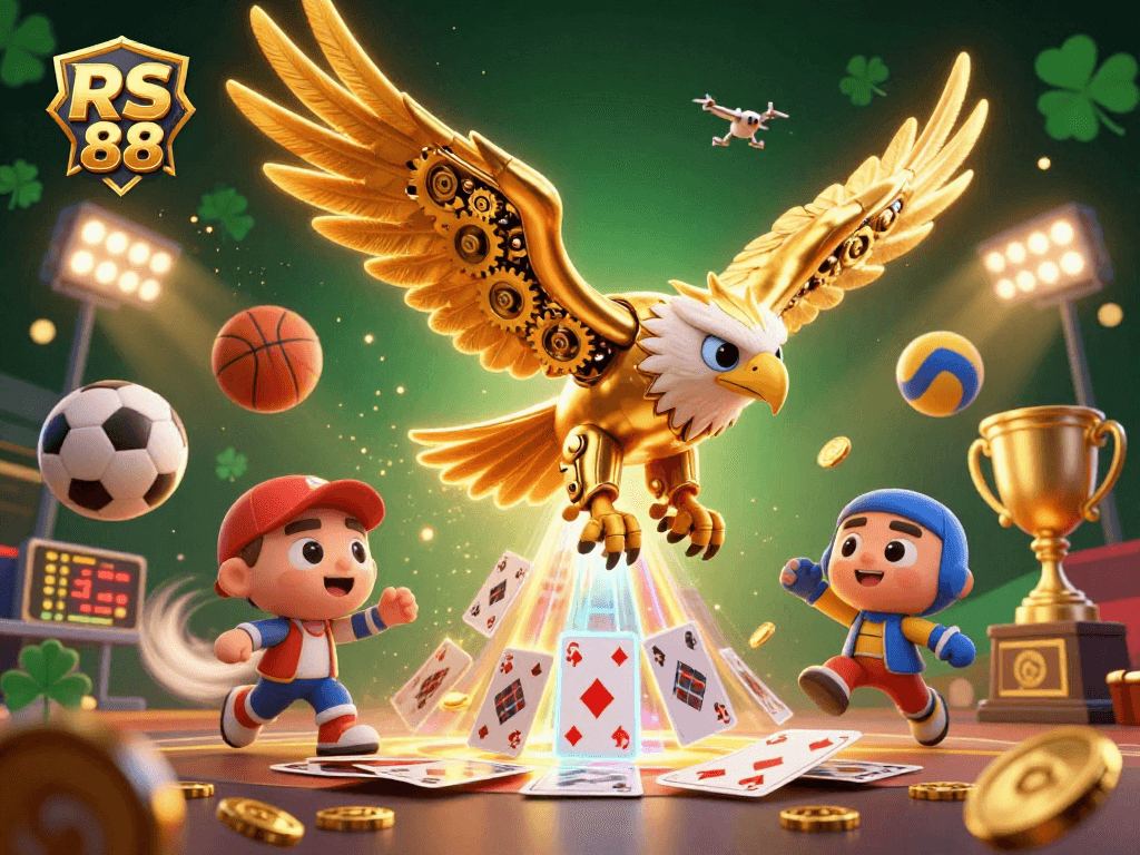 Engage with RS 88's 3D casino experience, featuring a cybernetic eagle and dynamic sports elements.