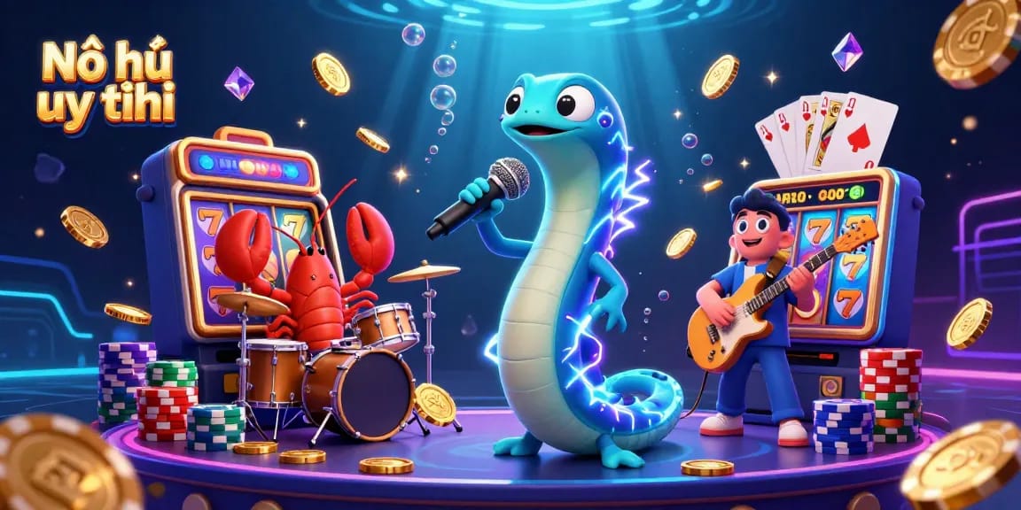 Nổ hũ uy tín showcases an electrifying underwater casino scene with characters and vibrant slot elements.