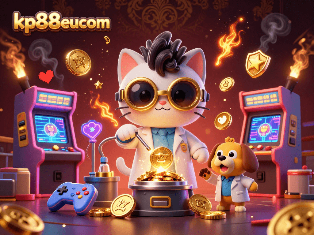 Engage with kp88eucom in a vibrant online casino scene featuring a creative mad scientist cat!