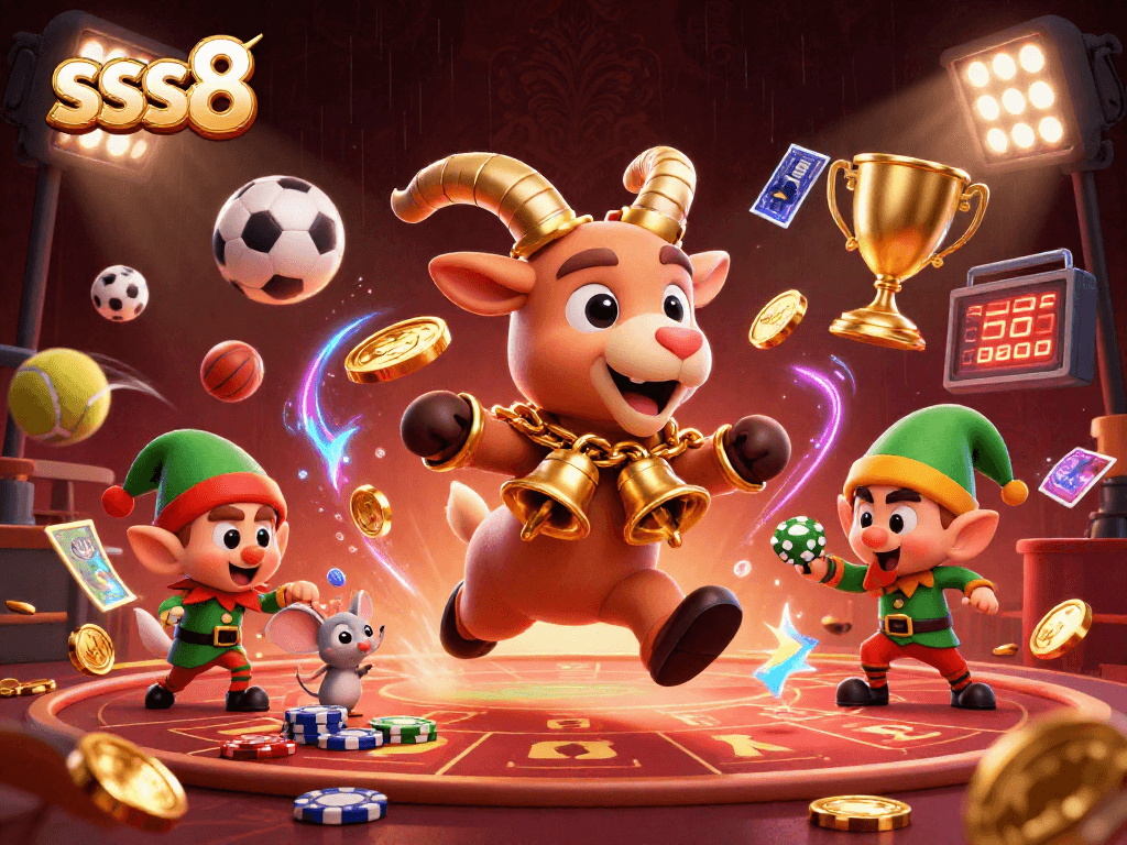 Join the thrilling action at sss8's online casino with festive characters amidst a vibrant sports betting scene.