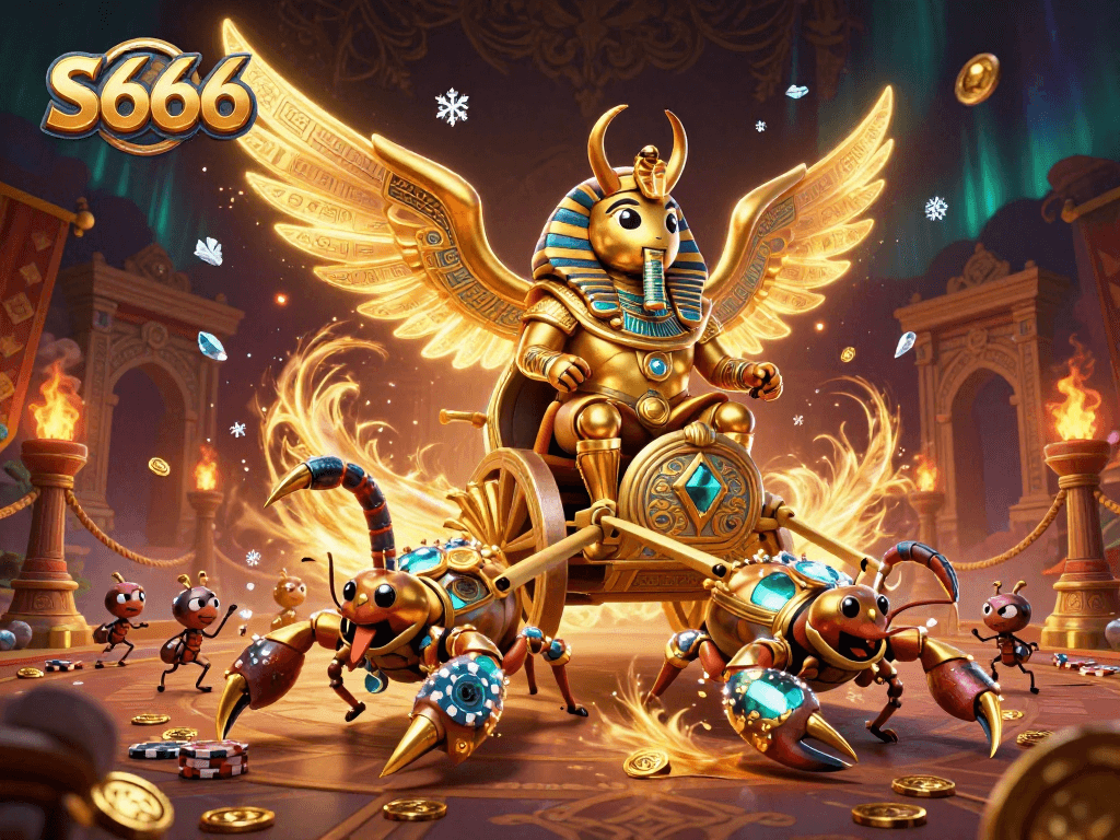 S666 players engage with golden beetle guardians and vibrant casino elements in a thrilling gaming scene.