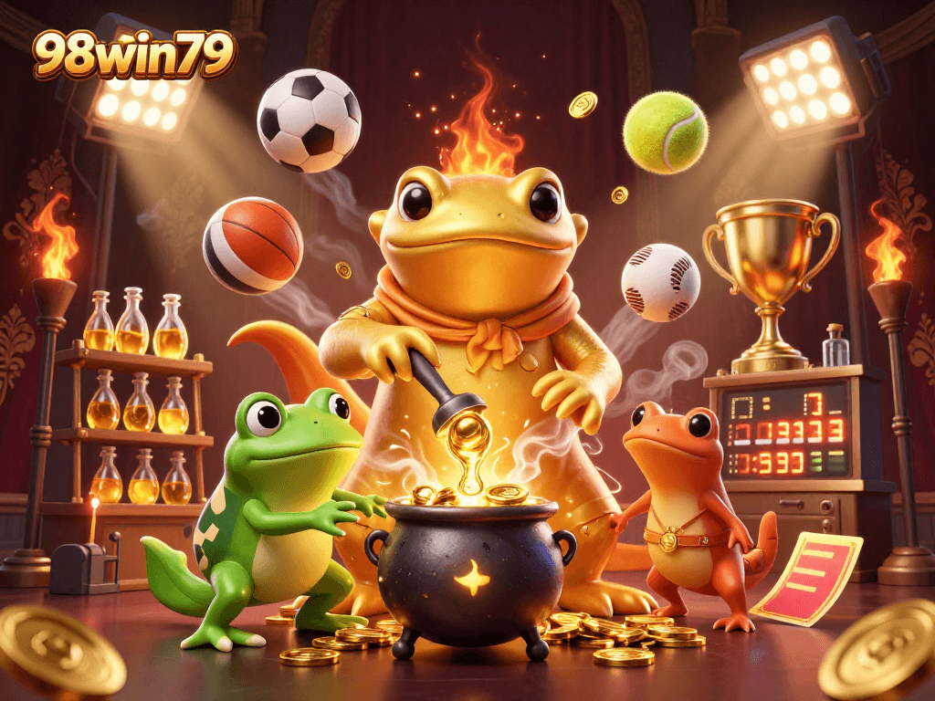 Engage in thrilling gaming action with the 98win79 alchemist transmuting gold in a dynamic casino scene.