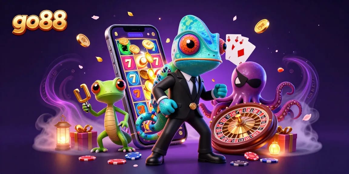 Experience thrilling gameplay action with go88 featuring a chameleon, gecko, and octopus in a vibrant casino scene.