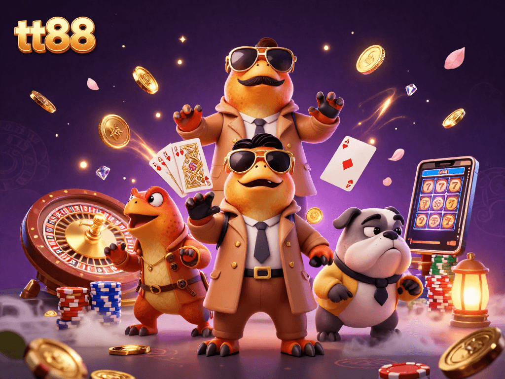 Experience fun at tt88 with playful raptors in a trench coat entering a VIP casino lounge surrounded by vibrant game elements.