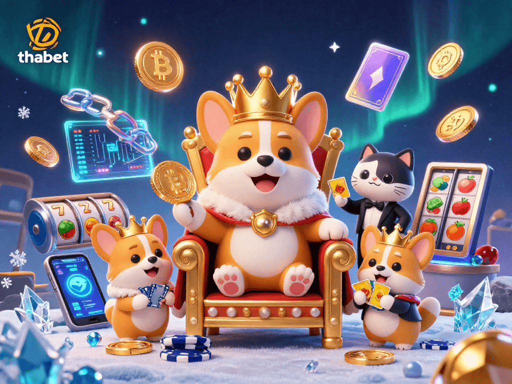 Experience thabet's thrilling atmosphere with a royal corgi and cat butler amidst vibrant casino symbols.
