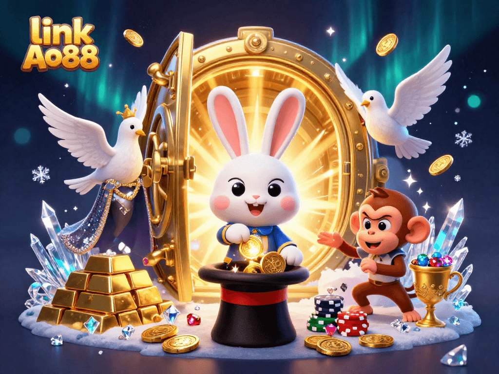 Experience the magical world of gaming with link Ao88, featuring a lively scene of a magician rabbit and playful elements.
