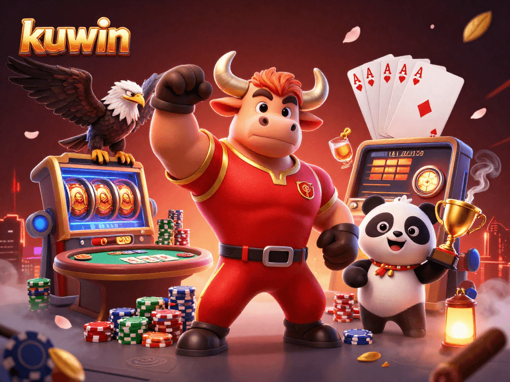 kuwin presents a dynamic scene featuring a muscular bull mascot, eagle, and panda among vibrant casino elements