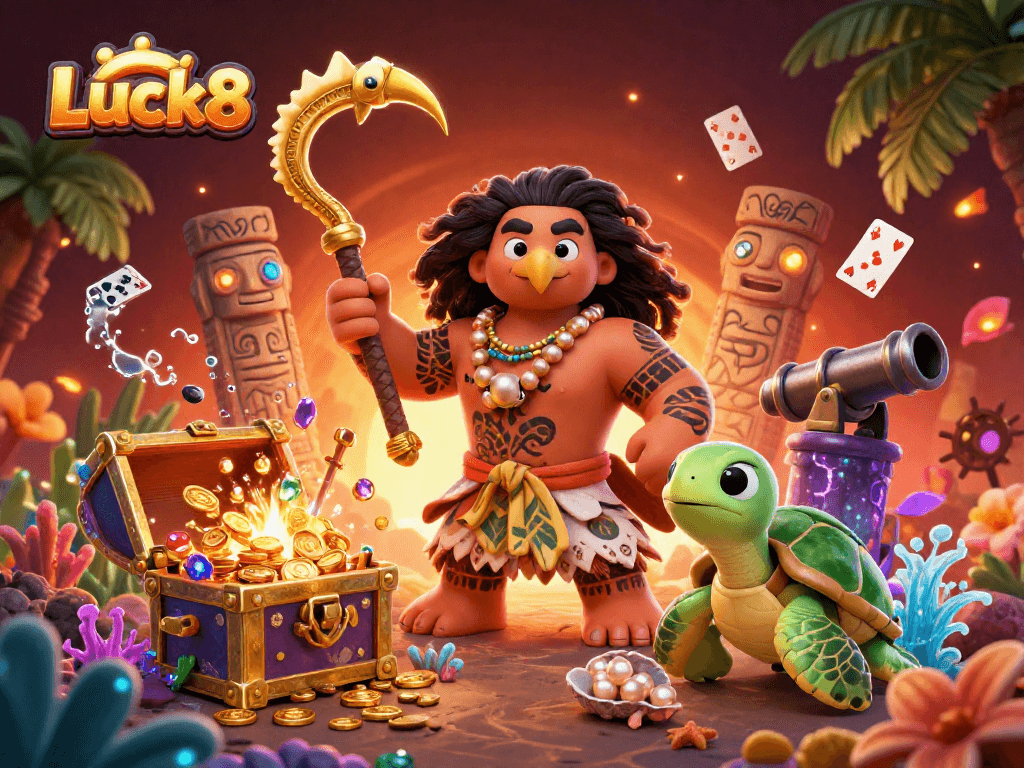 Experience the thrill of winning at Luck8 with vibrant characters and dynamic casino elements.