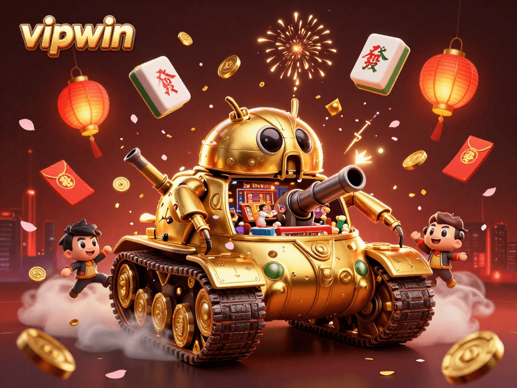 Bet big with vipwin in an ultra-detailed 3D casino scene featuring a golden beetle tank and festive elements.