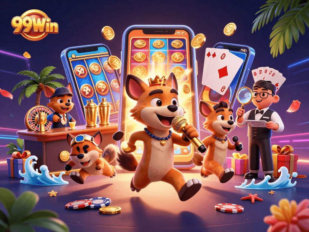 Experience the excitement of 99Win with lively hyena characters in a vibrant casino scene
