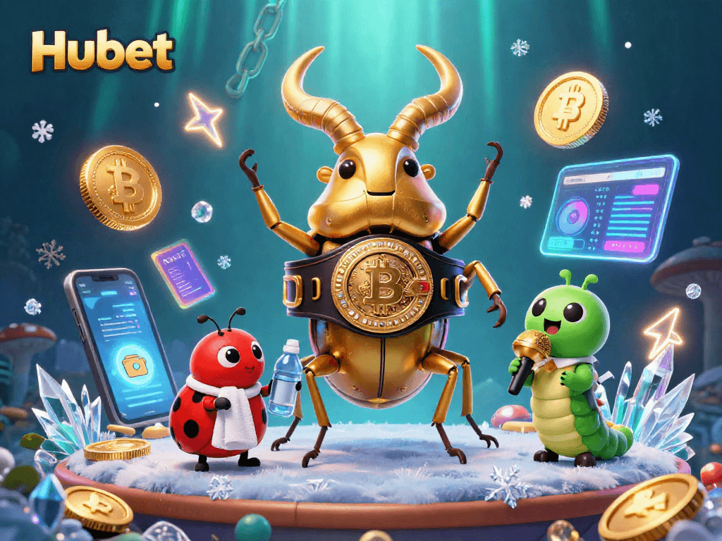 Engaging Hubet gaming scene with cartoon beetle champion, glowing gold elements, and crypto coins.