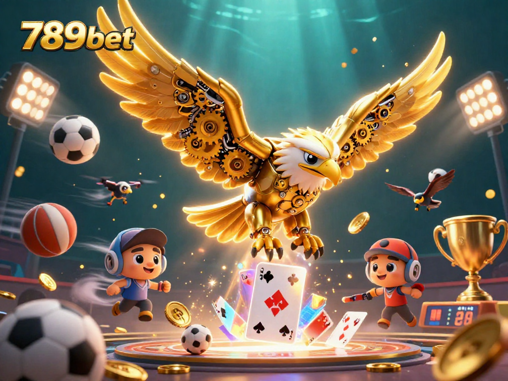A dynamic scene showcasing the 789bet brand with a cybernetic golden eagle flying through holographic cards, representing exciting online gambling.