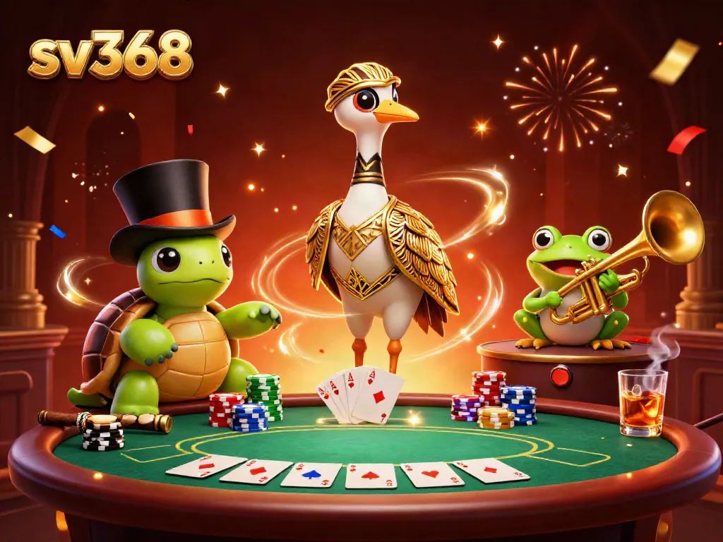 Engage with sv368 as a vibrant online casino featuring a dynamic 3D illustration of characters celebrating a poker game.
