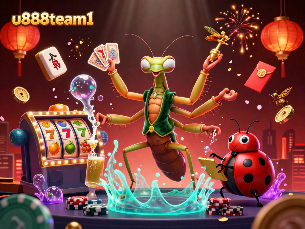 Watch the thrilling u888team1 action as a giant praying mantis deals cards in this vibrant casino scene.