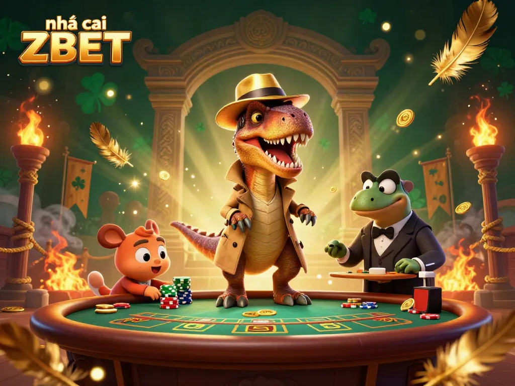 Experience the excitement with nhà cái ZBET illustrated in a vibrant casino scene with unique characters and game elements.