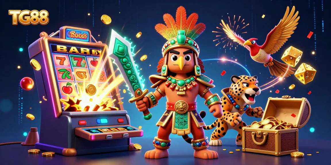 TG88 reels in excitement with a jackpot explosion, showcasing vibrant casino elements and dynamic characters.