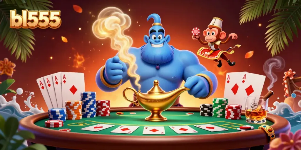 Experience winning strategies at bl555 with a vibrant scene of a genie, poker elements, and excitement.