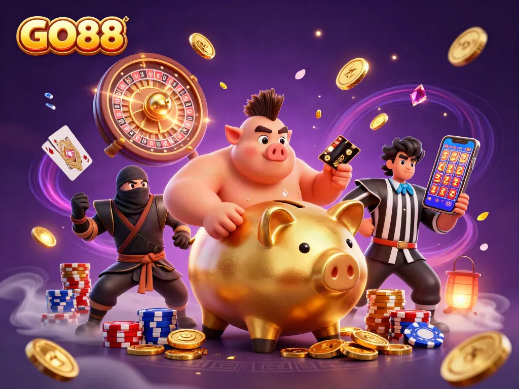 Experience thrilling gameplay at GO88 with a dynamic scene of a golden piggy bank, coins, and casino elements.