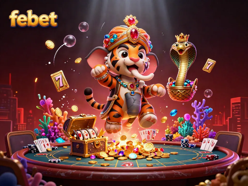 Experience thrilling gameplay at febet with a vibrant, animated casino scene featuring majestic characters.