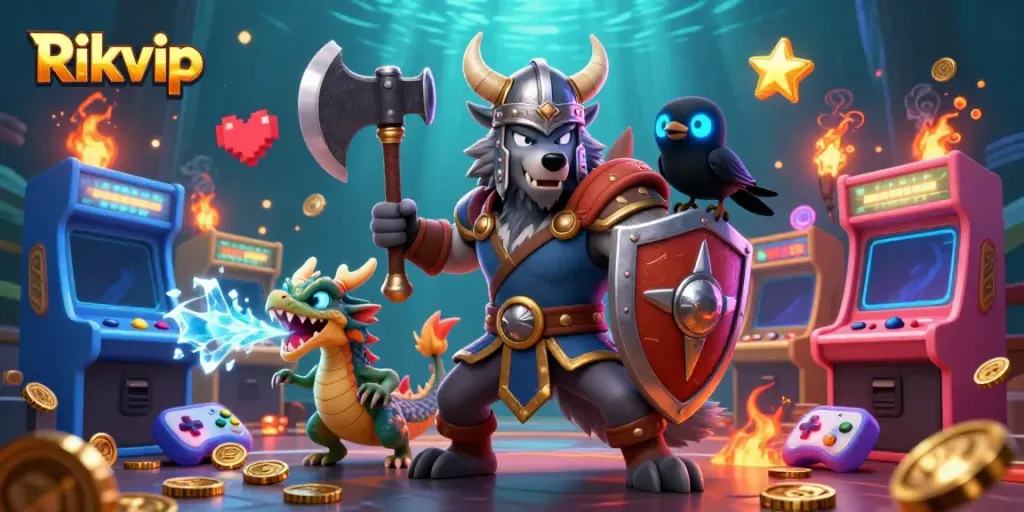 Engage with the vibrant world of Rikvip through this dynamic 3D illustration of epic gaming featuring a Viking wolf warrior, dragon, and treasure elements.