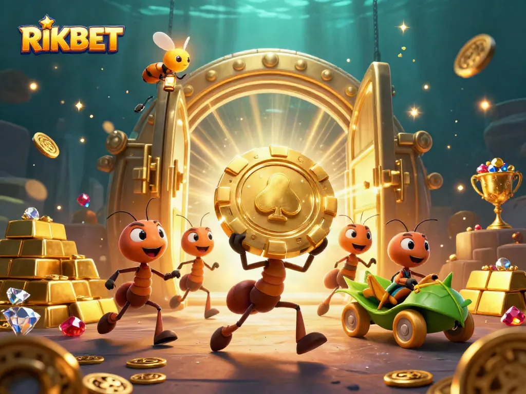 RIKBET ants carry a giant poker chip through shimmering vaults, showcasing exciting casino adventures.
