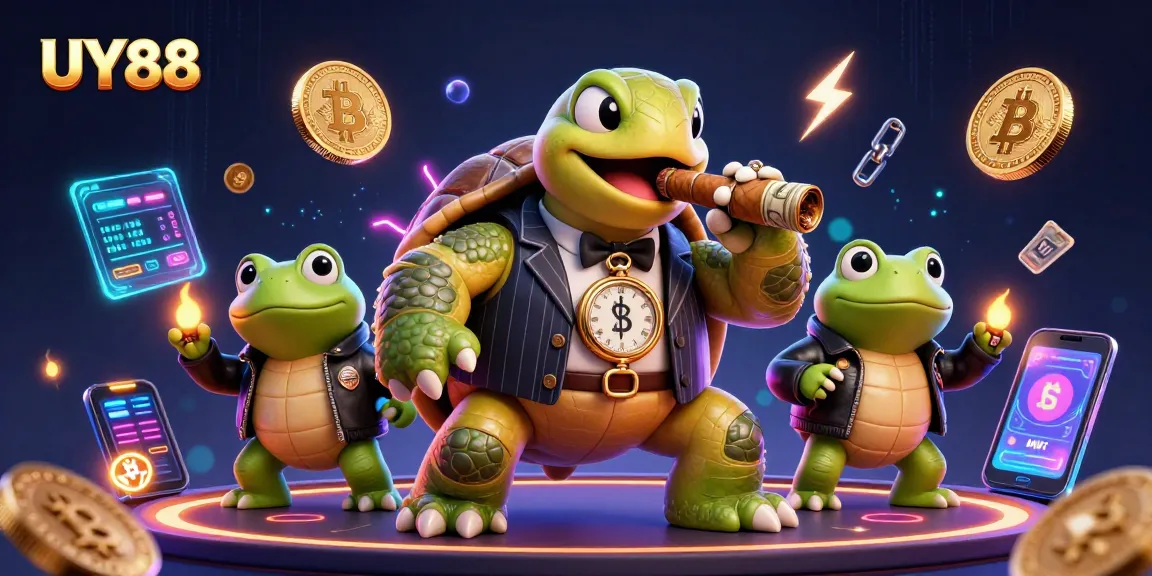 Join UY88 in a vibrant casino scene featuring unique characters and crypto elements for exciting gameplay.