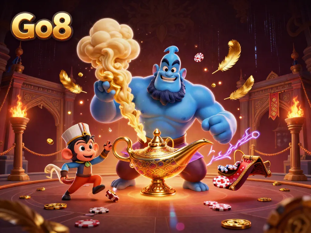 Spin to win with Go8's vibrant casino-themed 3D illustration, showcasing adventure and excitement.