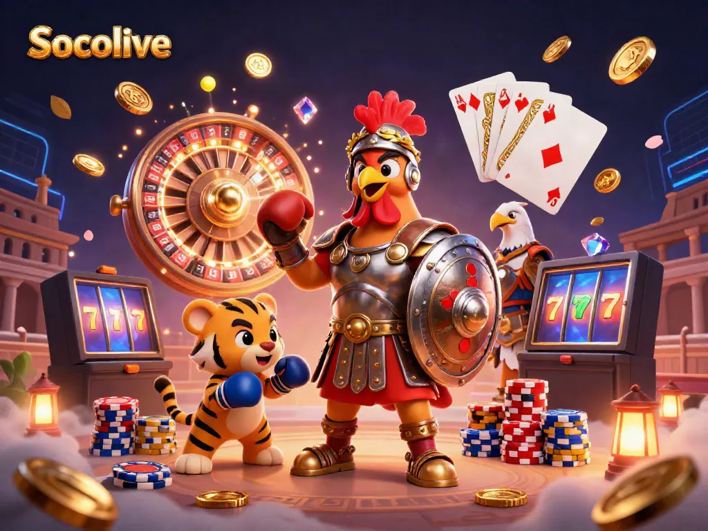 Experience Socolive's thrilling betting action with dynamic casino elements and vibrant characters.