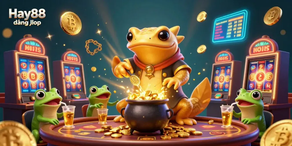 Experience Hay88 đăng nhập in a thrilling casino scene featuring dynamic characters and glowing cryptocurrency.