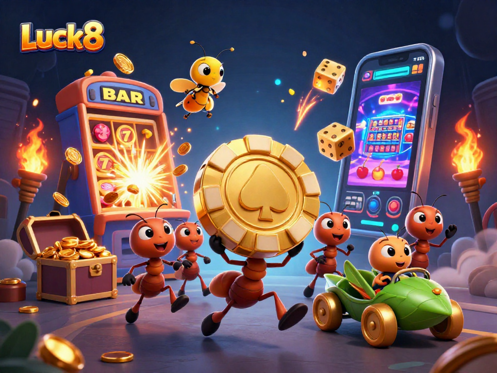 Luck8 showcases an adventurous team of ants stealing a giant poker chip in a vibrant casino scene.