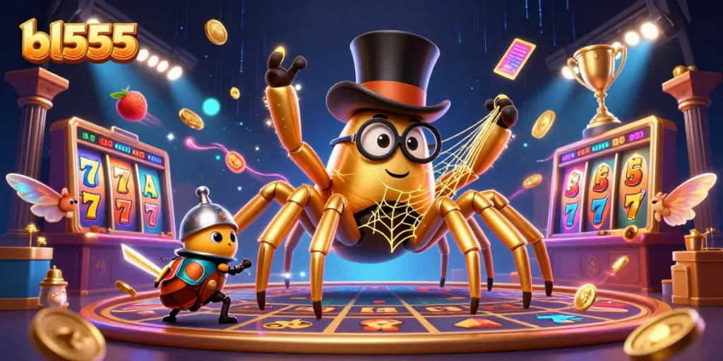 Engage with the vibrant world of bl555, featuring a golden tarantula and beetle knight in a playful casino scene.