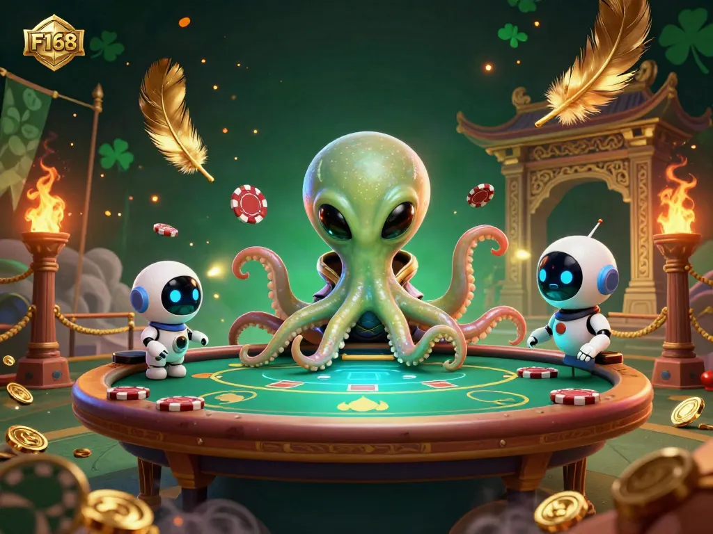 Experience the vibrant F168 casino world with an alien octopus at a holographic poker table.