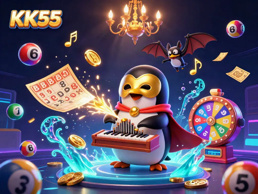 KK55 showcases a vibrant casino scene with a penguin organist, flying tickets, and dynamic lottery elements.