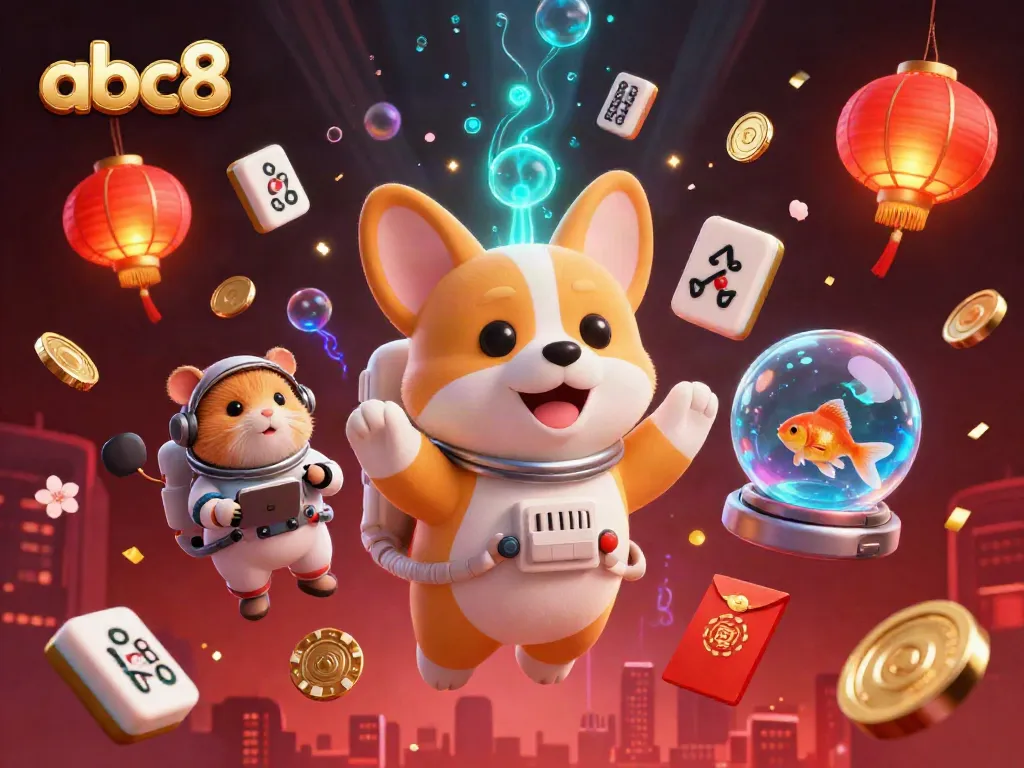 Engage with abc8's thrilling casino scene featuring a playful astronaut corgi and vibrant gaming elements.