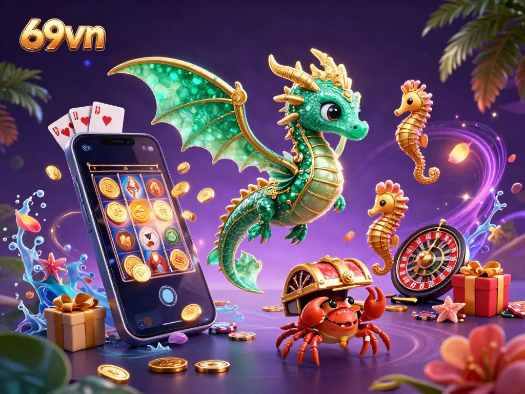Experience thrilling games with 69vn's sea dragon and casino elements in this vibrant illustration.