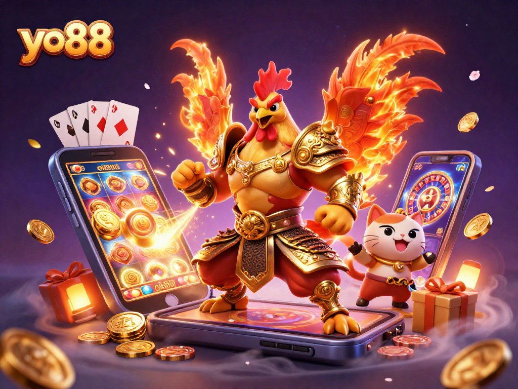 Experience the thrill of yo88 with an epic 3D illustration of a rooster warrior and dragon in a vibrant casino landscape.