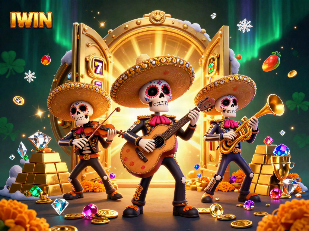 IWIN jackpot scene featuring colorful skeleton mariachi band amidst gold coins and slot machines