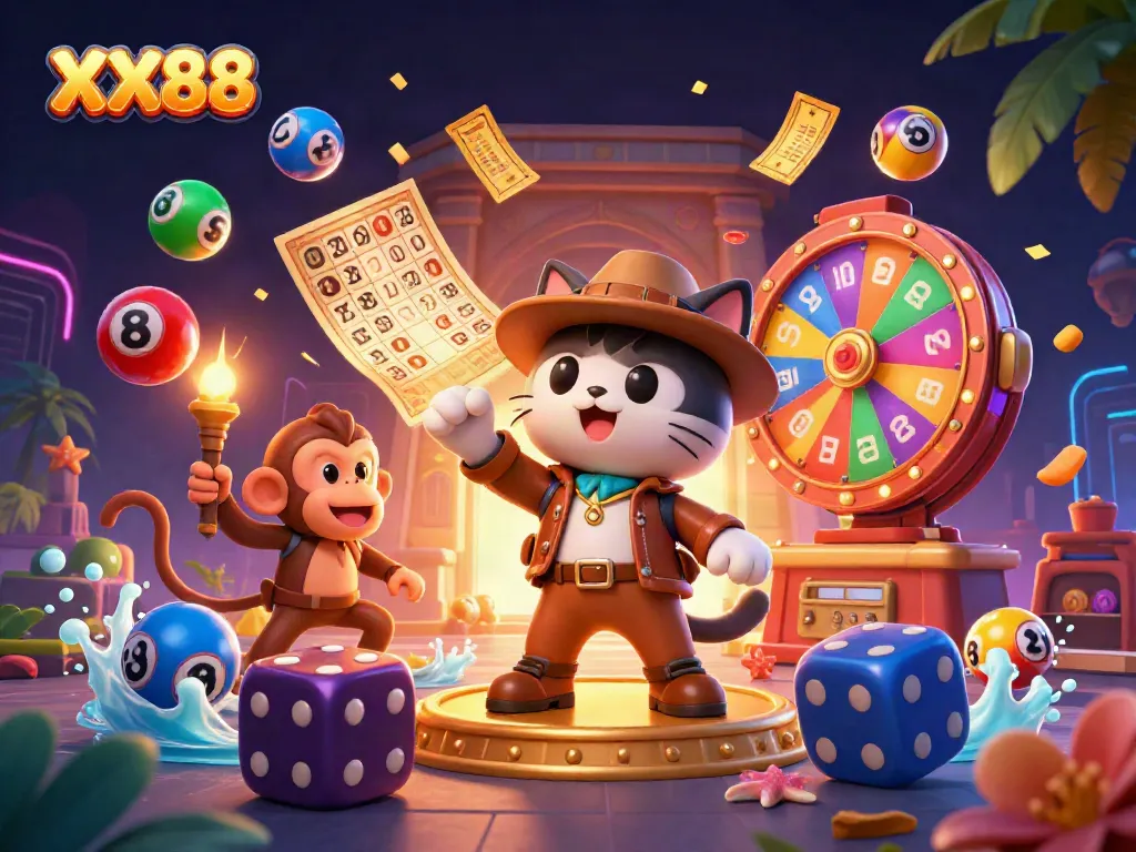 Experience the excitement of XX88 with a colorful casino scene filled with vibrant games and a thrilling atmosphere.