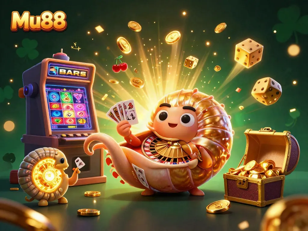Experience the thrill at Mu88 with a stunning 3D casino scene featuring a giant nautilus roulette wheel and vibrant gaming elements.