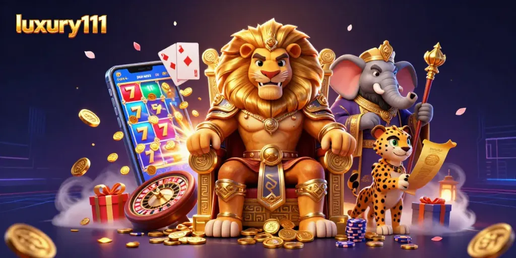 Engage in thrilling gambling adventures with luxury111 featuring a lion king among vibrant casino elements.